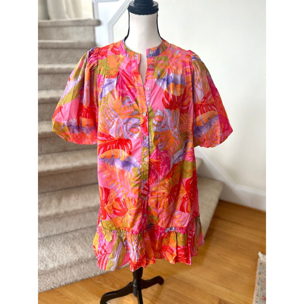 J.Marie Pink Tropical Palm Leaf Puff Sleeve Tiered Ruffle Hem Shirt Dress Preppy